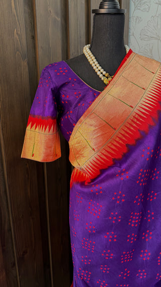 Pure purple bandhani paithani silk saree with hand done zari detailing