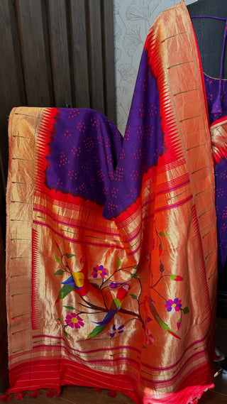 Pure silk purple bandhani paithani saree with gold zari borders and pallu