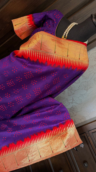 Purple bandhani paithani silk saree paired with ready to wear stitched blouse