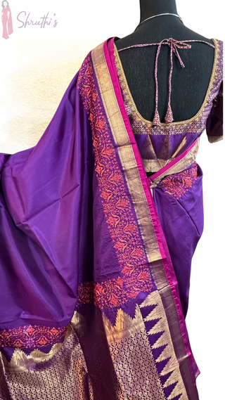 Bridal purple silk saree featuring intricate embroidery and prestitched padded blouse with fine kanjivaram silk finish