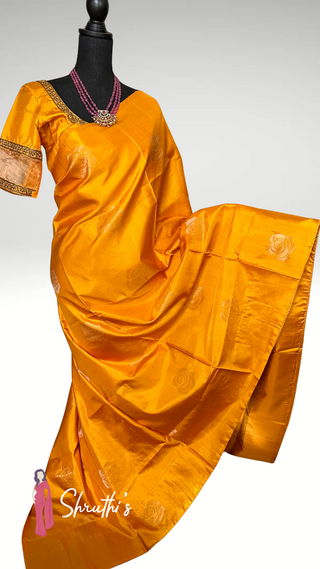 Pure soft silk yellow saree with stitched blouse, easy drape, ready to ship USA.