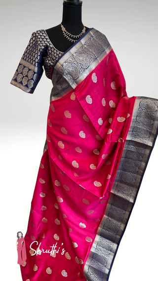 Shruthis Exclusive Pure Chinya Silk Party Saree – Dark Pink and Grey with Silver Zari – Shop Online USA