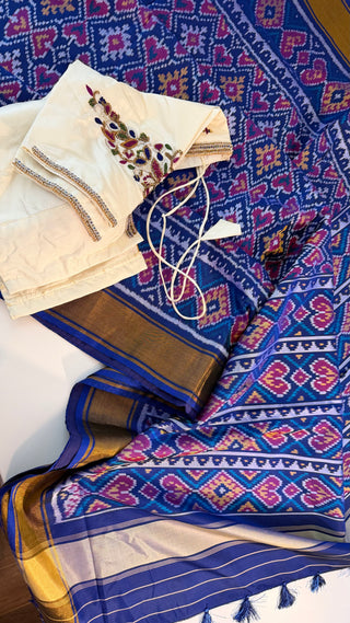 Indigo blue patola silk saree with stitched blouse and fall pico done