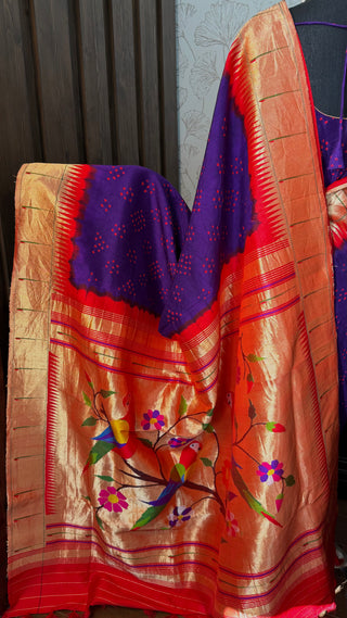 Purple bandhani paithani silk saree with fall pico done and ready blouse