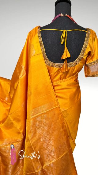 Elegant yellow silk saree for weddings and Mehendi functions, USA shipping.