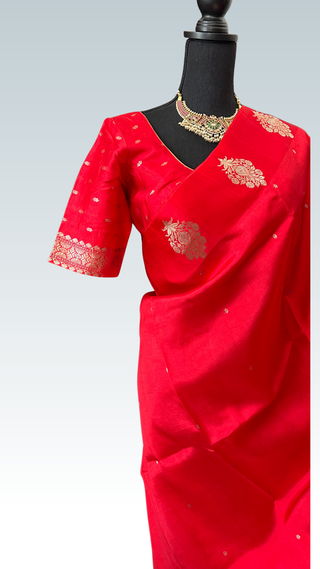 Red Banaras handloom pure silk saree with gold zari border and stitched blouse