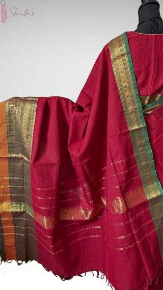 red cotton saree gold zari border stitched blouse usa free shipping online shopping saree