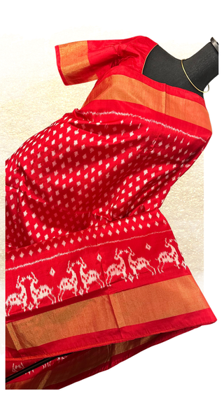 Red ikat pure silk saree with elegant zari border