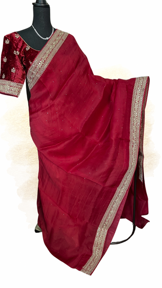 Red organza saree with stitched velvet blouse online USA