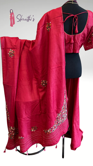 Pure red Tussar silk saree with fine embroidery, soft and easy to drape, handwoven partywear with stitched blouse – online USA.