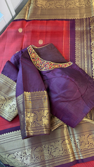 Ruse brown double shade Kanjivaram saree for Telugu bride pellicheera with stitched blouse