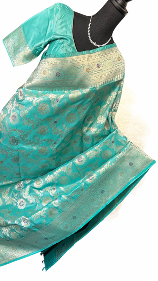 Sea green Benerasi silk saree with stitched blouse ready to wear