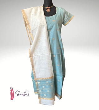 Light blue Chanderi silk salwar suit USA, Chanderi salwar kameez with ivory dupatta USA, Handwoven Chanderi silk cotton salwar USA, Indian salwar kameez set online USA, Readymade silk cotton salwar suit USA, Soft silk Chanderi salwar set USA shipping, Elegant Indian salwar suit for pooja and festivals, Buy silk salwar suit with zari border USA, Designer Chanderi salwar kameez USA, Pastel salwar suit for women USA, Indian ethnic outfit for housewarming, Pooja wear salwar kameez USA