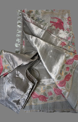 Silver tissue grey soft tissue pure silk saree online usa partywear silver tissue diwali latest saree