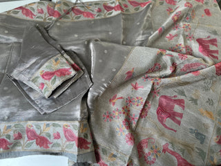 Silver tissue grey soft tissue pure silk saree online usa partywear silver tissue diwali latest saree