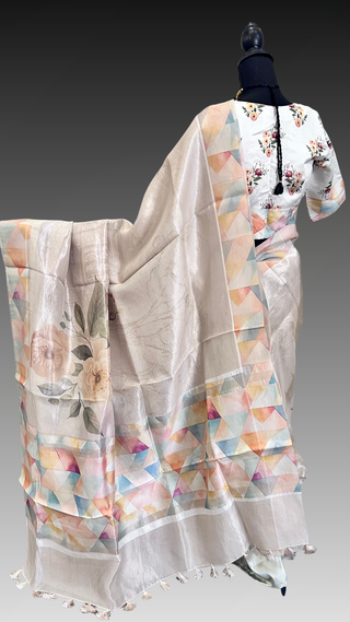 Soft organza tissue saree with rose flower design and pastel border