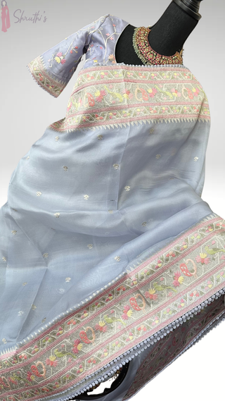 lavender organza saree silver paithani border prestitched blouse festive wear