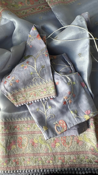 lavender organza saree soft weave silver zari border stitched blouse sangeeth wear