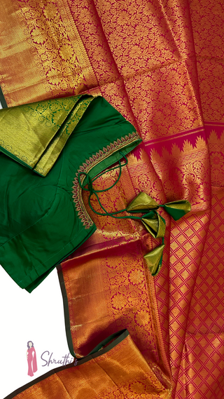 Pure Kanjivaram silk saree in deep red with golden zari and green embroidered blouse red pattu saree bridal pattu saree muhurtam saree USA online 