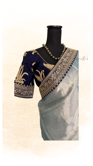 Pure tissue Banaras silk saree tan with fine weave gold zari and lined prestitched blouse