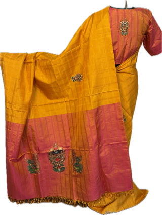 Yellow Kanjivaram pure silk saree with hand painted Tanjore artwork and gold zari pallu