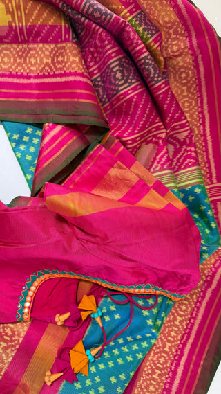 teal blue patola silk saree embroidered stitched blouse reception wear