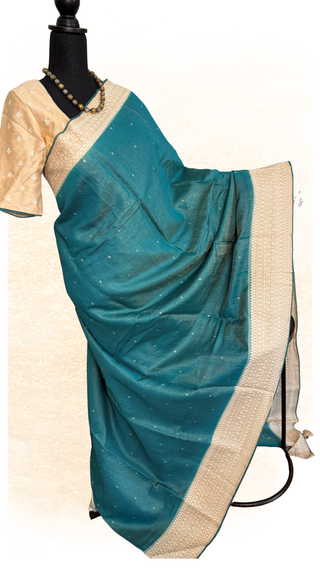 Teal green pure Tussar handloom silk saree with floral embroidered gold zari border and ready blouse