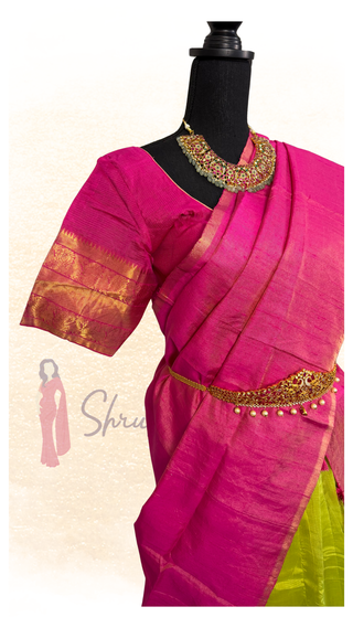 Teal Mangalagiri silk cotton lehenga pavadai dhavani with hand painted dupatta