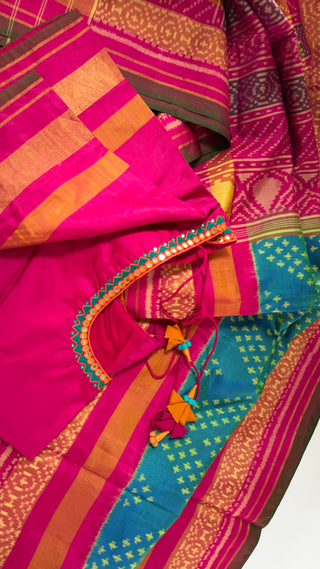 teal patola silk saree pure zari pallu stitched blouse handloom partywear