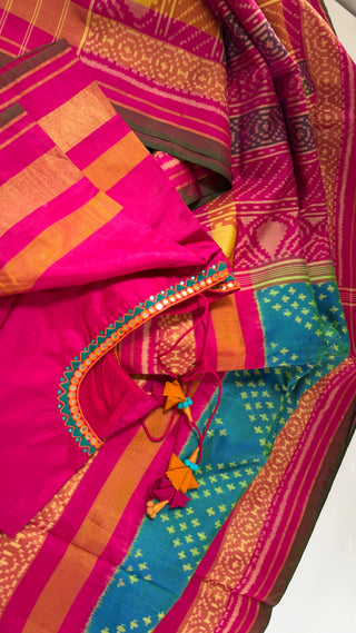 teal patola silk saree rich pallu stitched blouse mehendi sangeet wear