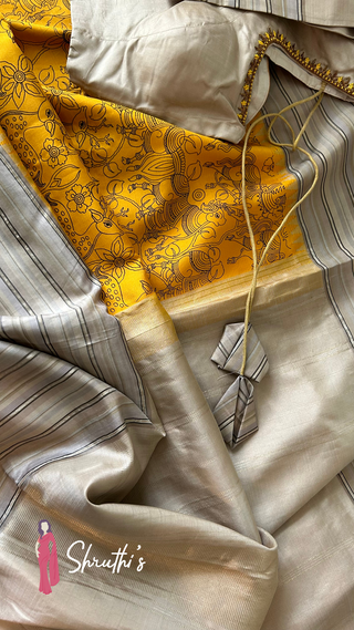 Multicolor Kalamkari painted handloom silk saree, Indian designer saree with blouse.