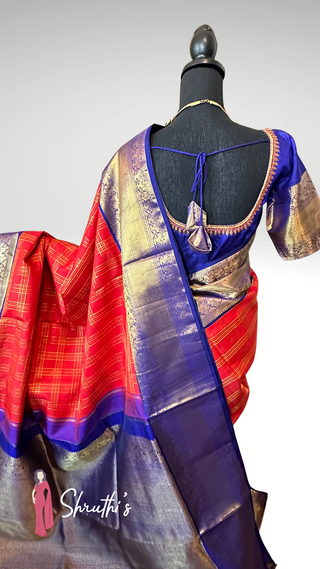 Red Checks Pure Silk Saree with Stitched Blouse – USA Shipping Available – Indian Bridal Collection