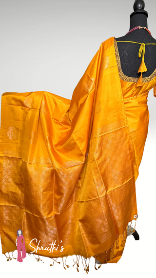 Ready-to-ship Indian saree in yellow soft silk with blouse, easy drape style.
