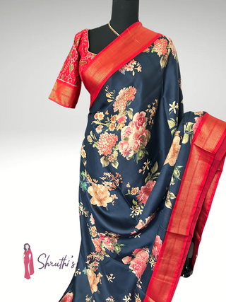 Elegant printed black silk saree, easy drape, one-of-a-kind design.
