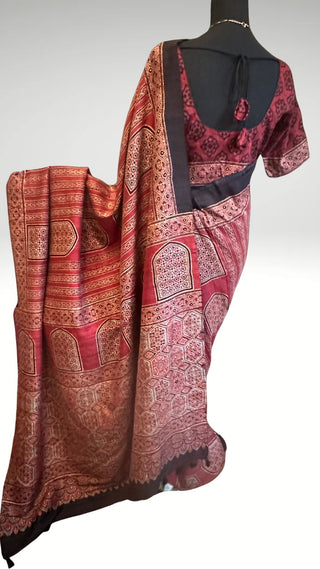 Partywear pure Tussar silk saree with block print details, ideal for weddings and gatherings.