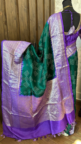 Green Chinya silk saree with gold zari and hand embroidery blouse