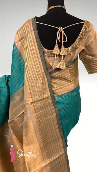 Gadwal silk saree dual tone green beige gold zari hand embroidered ready-to-wear saree USA