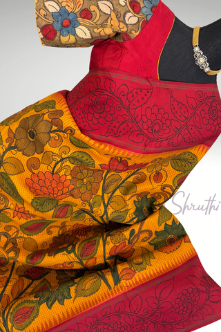 Authentic handloom kanchi pattu saree with detailed pen kalamkari pallu and zari border, luxury silk wedding saree.