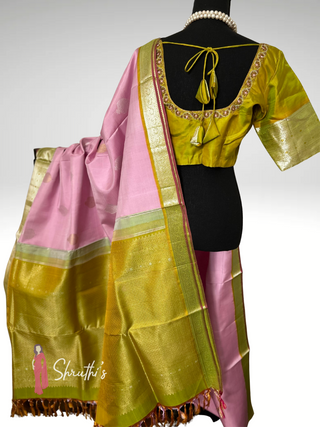 Traditional pastel pink Kanjivaram silk saree with embroidered blouse festive saree USA.