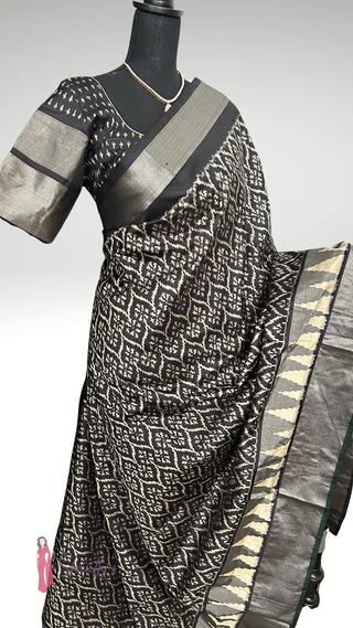 Designer Black & Silver Ikat Patola Silk Saree Ready Made with Zari Border Online USA