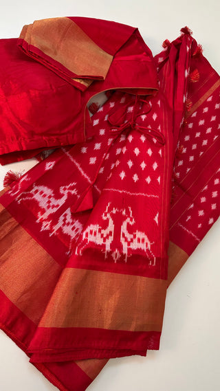 Pure ikat silk saree in red for festive and wedding wear