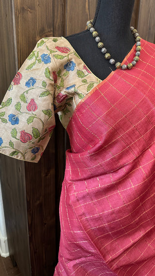 Luxurious pink tussar silk saree with subtle sheen and handcrafted 