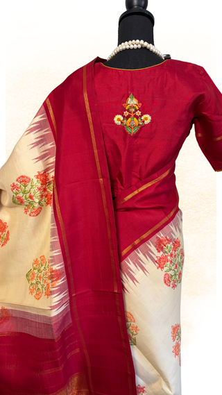 White to maroon Kanjivaram silk saree with fine zari border