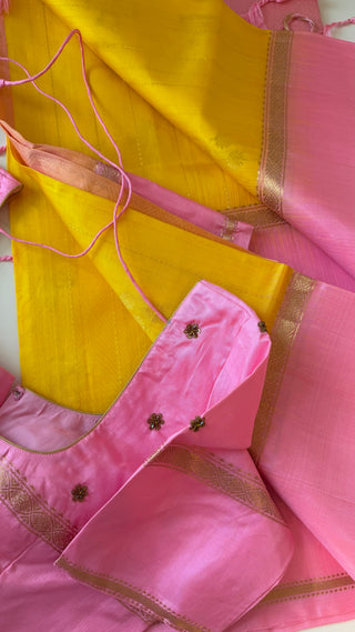 Traditional yellow handloom tissue saree soft silk with antique zari and embroidered blouse