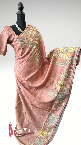 Pure silk Tussar embroidered saree, soft fine weave with easy drape, ready-to-wear blouse – pooja & party saree online USA.