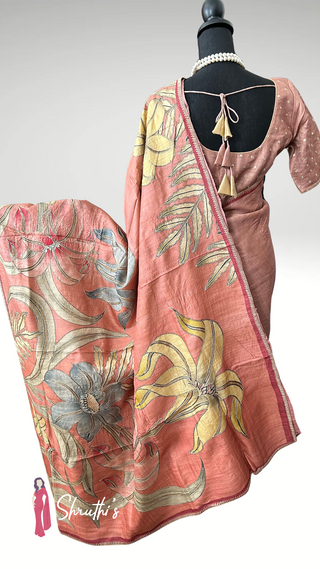 Pure Tussar silk saree with fine embroidery, soft easy drape weave, partywear & pooja wear with ready blouse – online USA.