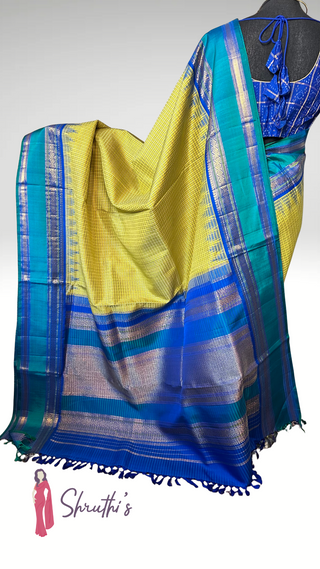 Fine drape silk saree Soft kanjivaram silk saree Lightweight wedding saree Classic checks kanjivaram Handwoven kanchi silk saree Authentic kanjivaram silk Temple wear silk saree Bridal pattu saree with zari border