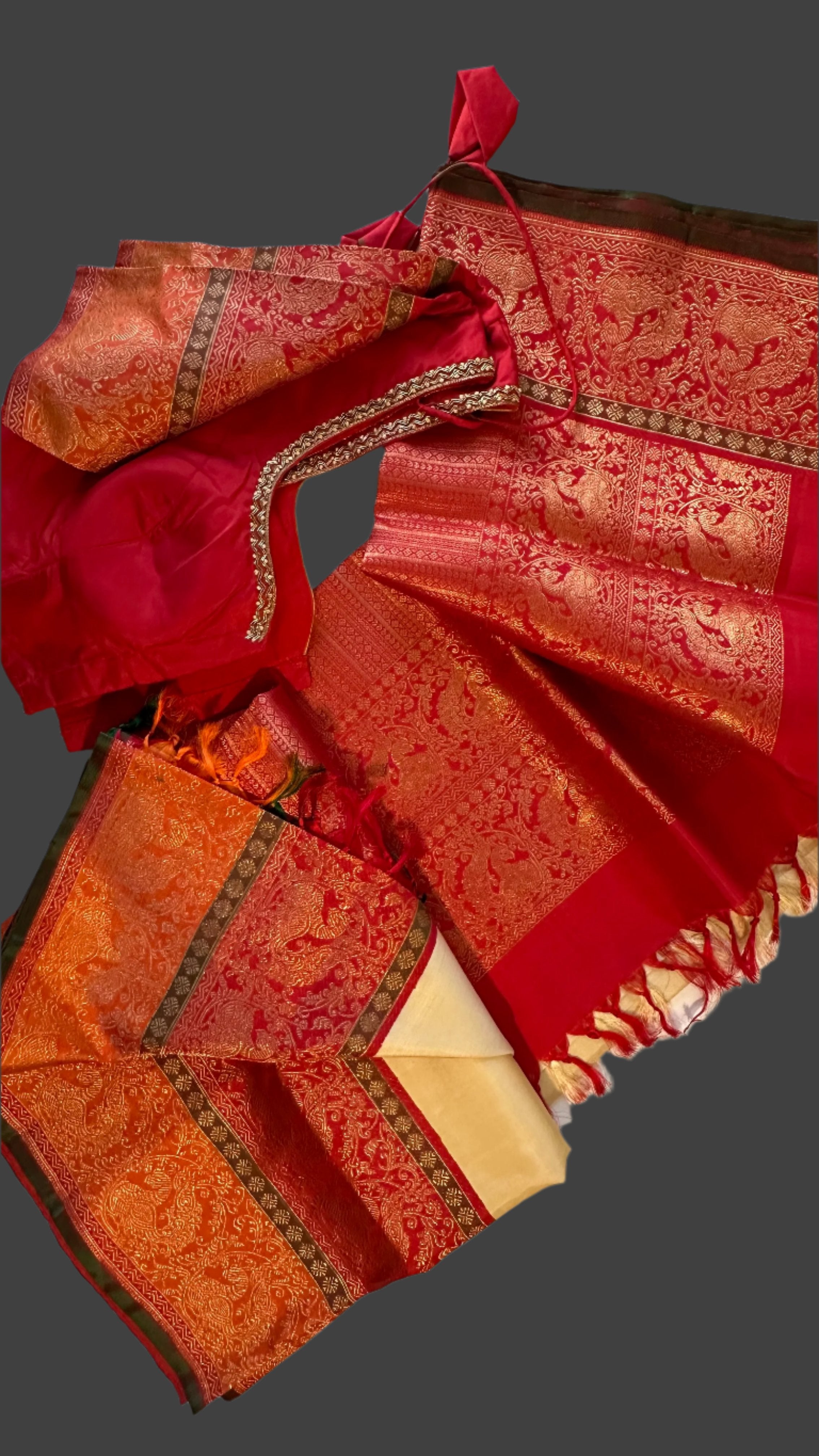 White Cream and Red Pure Zari Kanjivaram Silk Saree Wedding Bridal Pure Zari with prestitched Blouse Embroidered Blouse