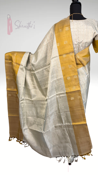 Vintage style gold beige Kanjivaram pure silk saree, fine zari weave, bridal muhurtham saree with hand embroidered stitched blouse.