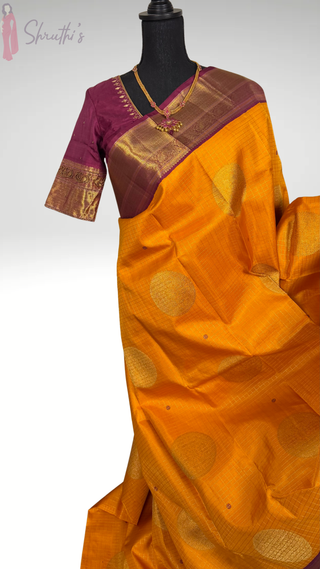 Yellow Kanjivaram handloom silk saree with pure zari weave and maroon border with stitched blouse for partywear reception USA.